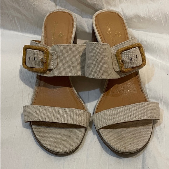 Tommy Bahama Trista Linen Block Heel Sandals 8.5 Nautical Coastal Buckle summer - Picture 2 of 9